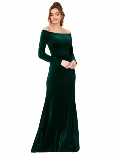 Off the Shoulder Stretch Velvet Long Sleeves Dark Green Formal Evening Gown / Prom Dress / Bridesmaid Dress Edinburgh