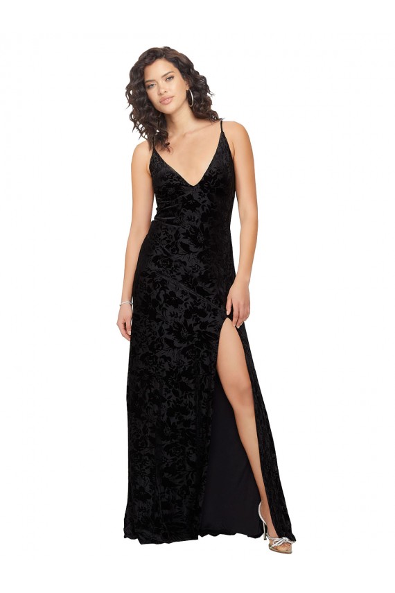 V-Neck Floral Velvet & Stretch Velvet Sleeveless Open Back Black Bridesmaid Dress Edinburgh