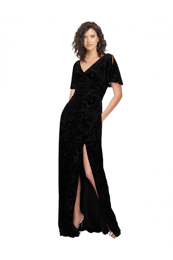 V-Neck Floral Velvet & Stretch Velvet Short Split Sleeves V-Back Black Bridesmaid Dress Edinburgh