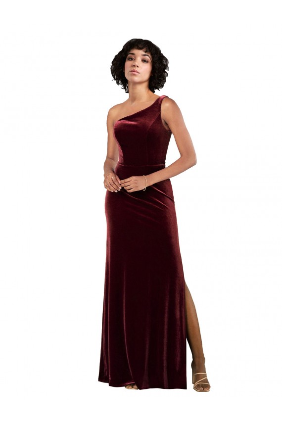 One Shoulder Stretch Velvet Sleeveless Burgundy Formal Evening Gown / Prom Dress / Bridesmaid Dress Edinburgh