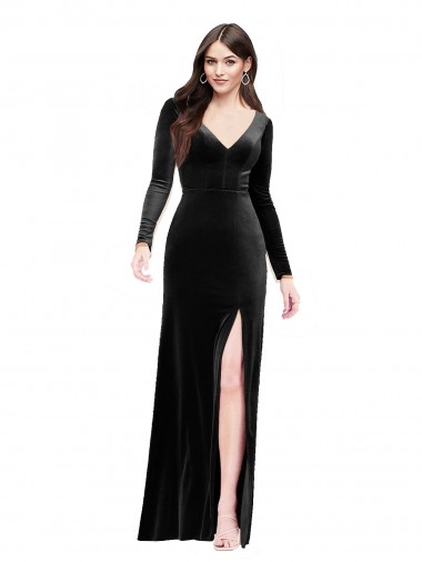 V-Neck Stretch Velvet Long Sleeves V-Back Black Formal Evening Gown / Prom Dress / Bridesmaid Dress Edinburgh