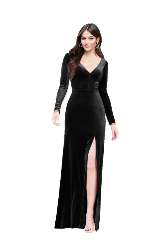 V-Neck Stretch Velvet Long Sleeves V-Back Black Formal Evening Gown / Prom Dress / Bridesmaid Dress Edinburgh