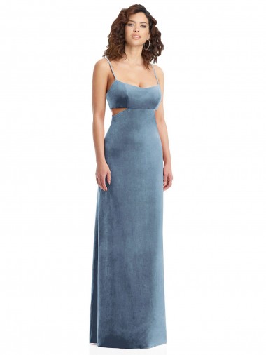 Square Neck Stretch Velvet Sleeveless Low Back Dusty Blue Formal Evening Gown / Prom Dress / Bridesmaid Dress Edinburgh
