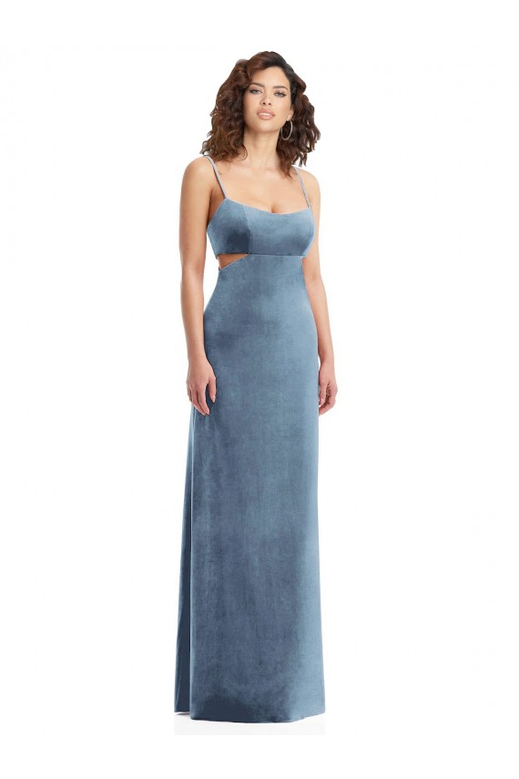 Square Neck Stretch Velvet Sleeveless Low Back Dusty Blue Formal Evening Gown / Prom Dress / Bridesmaid Dress Edinburgh