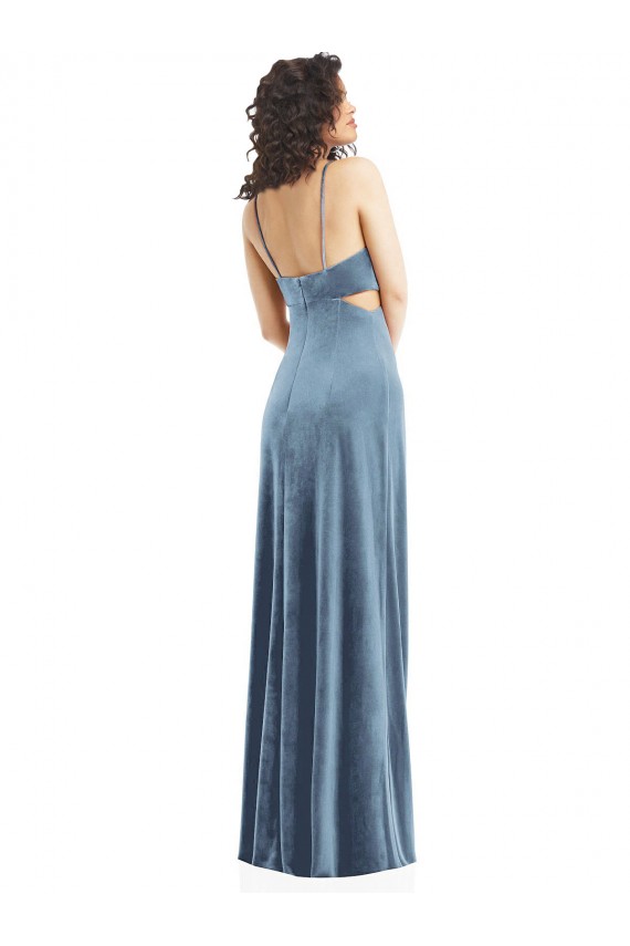 Square Neck Stretch Velvet Sleeveless Low Back Dusty Blue Formal Evening Gown / Prom Dress / Bridesmaid Dress Edinburgh
