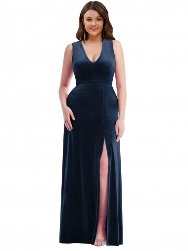 V-Neck Stretch Velvet Sleeveless Dark Navy Formal Plus Size Evening Gown / Prom Dress / Bridesmaid Dress Edinburgh