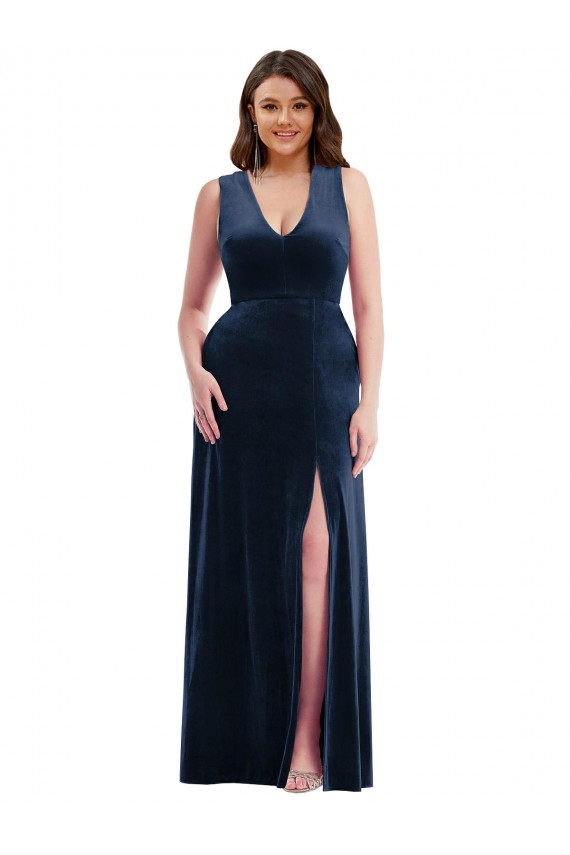 V-Neck Stretch Velvet Sleeveless Dark Navy Formal Plus Size Evening Gown / Prom Dress / Bridesmaid Dress Edinburgh