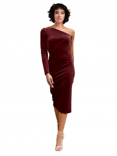 One Shoulder Stretch Velvet Long Sleeves Burgundy Black Tie Prom Dress / Bridesmaid Dress Edinburgh