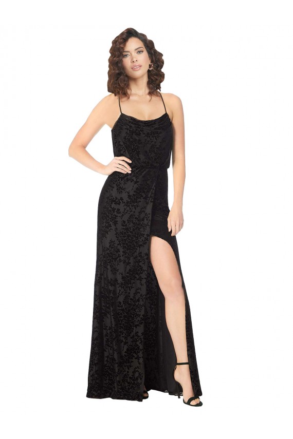 Spaghetti Straps Floral Velvet & Stretch Velvet Sleeveless Criss Cross Back Black Bridesmaid Dress Edinburgh