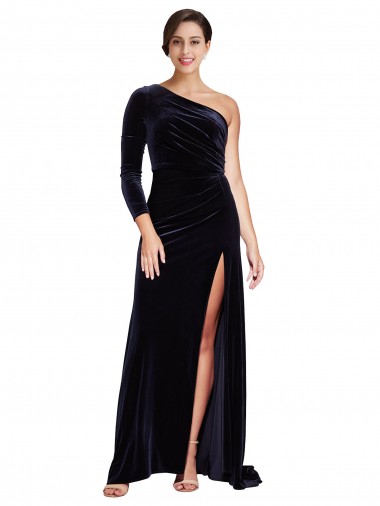 One Shoulder Stretch Velvet Long Sleeves Dark Navy Formal Evening Gown / Prom Dress / Bridesmaid Dress Edinburgh