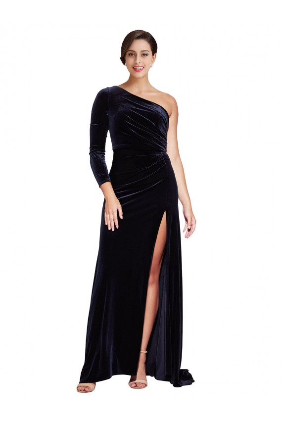 One Shoulder Stretch Velvet Long Sleeves Dark Navy Formal Evening Gown / Prom Dress / Bridesmaid Dress Edinburgh
