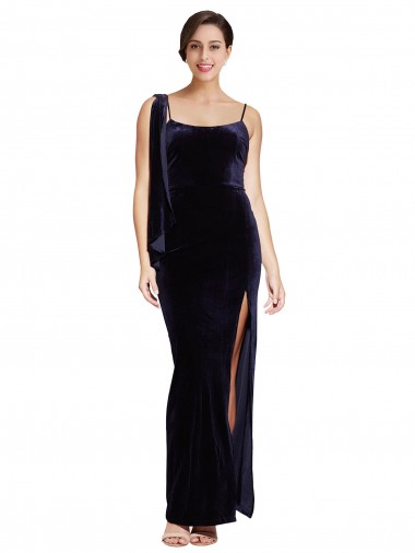 Spaghetti Straps Stretch Velvet Sleeveless Low Back Dark Navy Formal Evening Gown / Prom Dress / Bridesmaid Dress Edinburgh