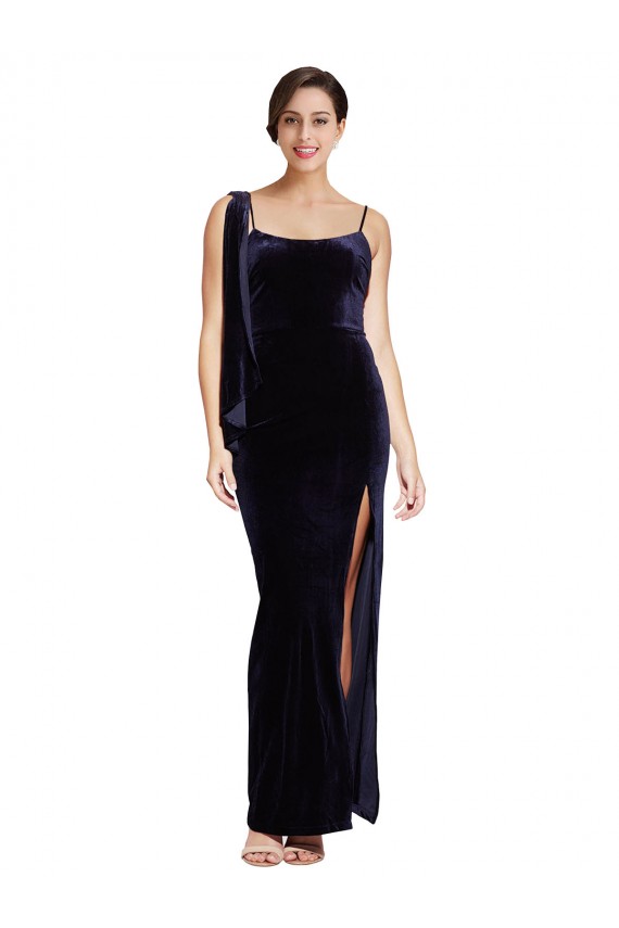 Spaghetti Straps Stretch Velvet Sleeveless Low Back Dark Navy Formal Evening Gown / Prom Dress / Bridesmaid Dress Edinburgh