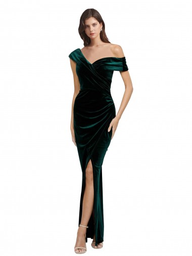 Off the Shoulder Stretch Velvet Sleeveless Dark Green High Low Evening Gown / Prom Dress / Bridesmaid Dress Edinburgh