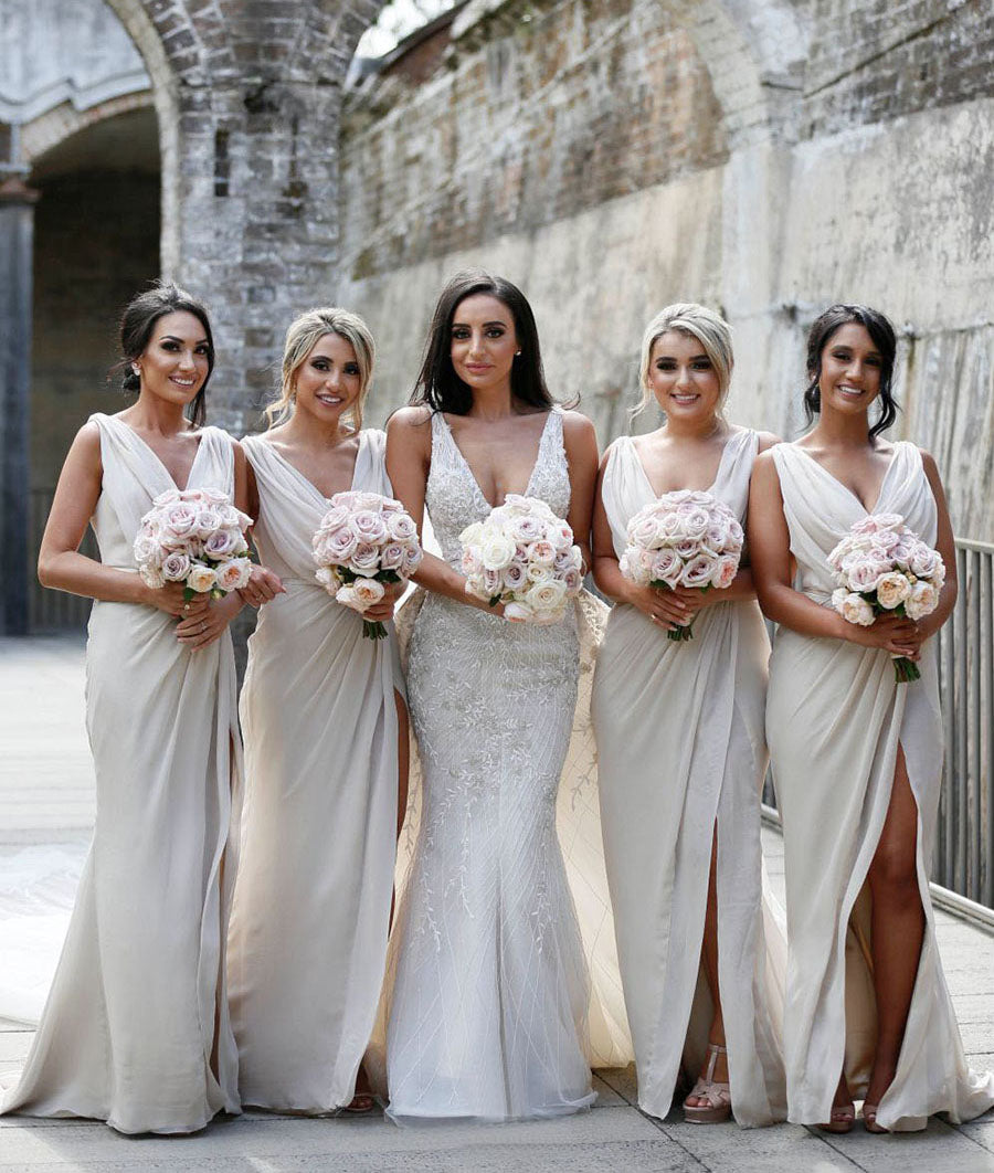 Full Length Luxe Chiffon Long Champagne bridesmaid dresses Edinburgh with Sexy High Slit and Front Ruffles