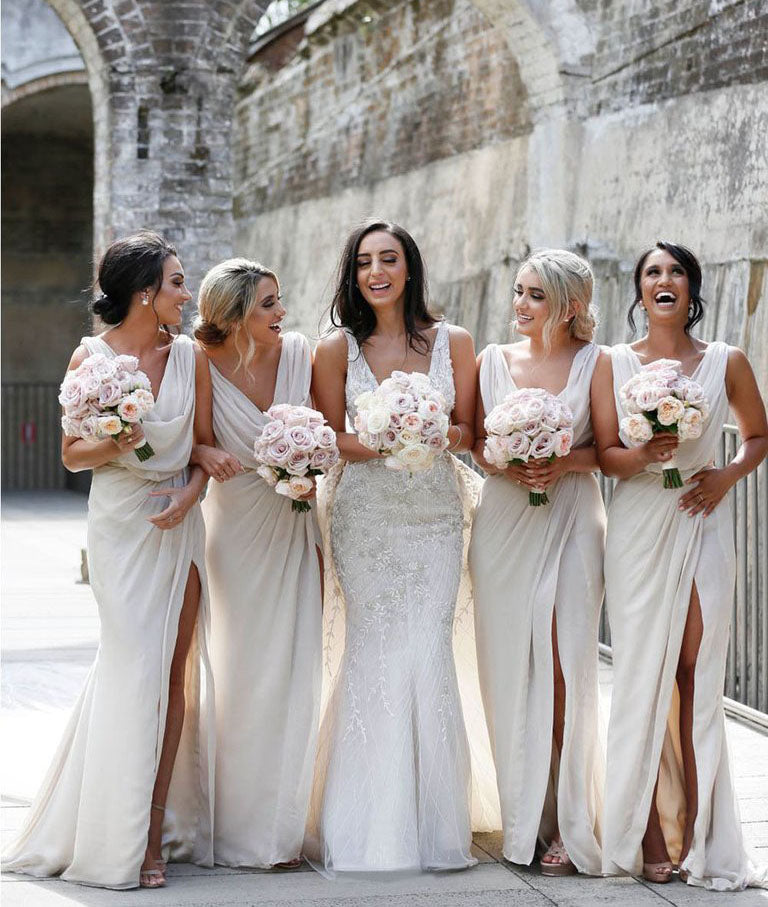 Full Length Luxe Chiffon Long Champagne bridesmaid dresses Edinburgh with Sexy High Slit and Front Ruffles