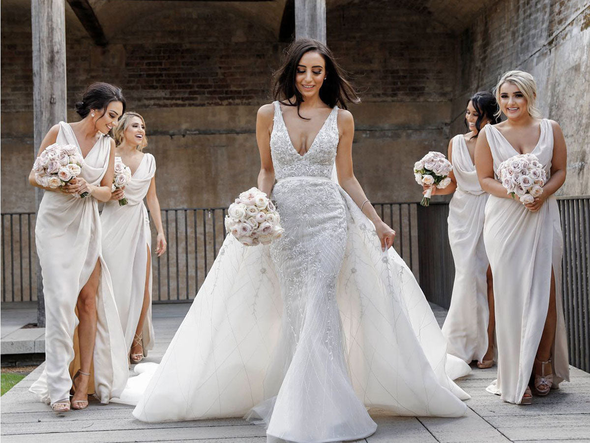 Full Length Luxe Chiffon Long Champagne bridesmaid dresses Edinburgh with Sexy High Slit and Front Ruffles