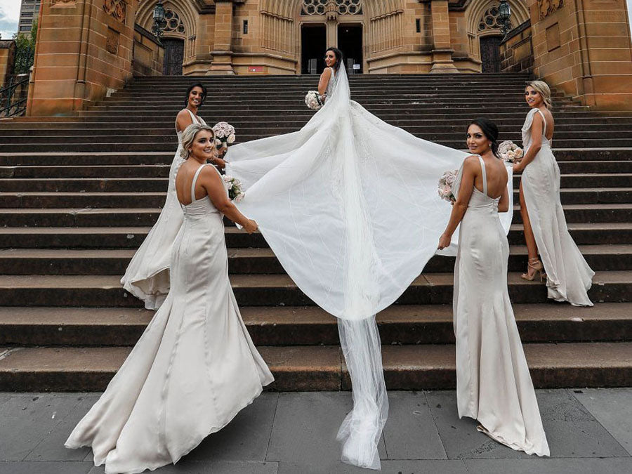 Full Length Luxe Chiffon Long Champagne bridesmaid dresses Edinburgh with Sexy High Slit and Front Ruffles