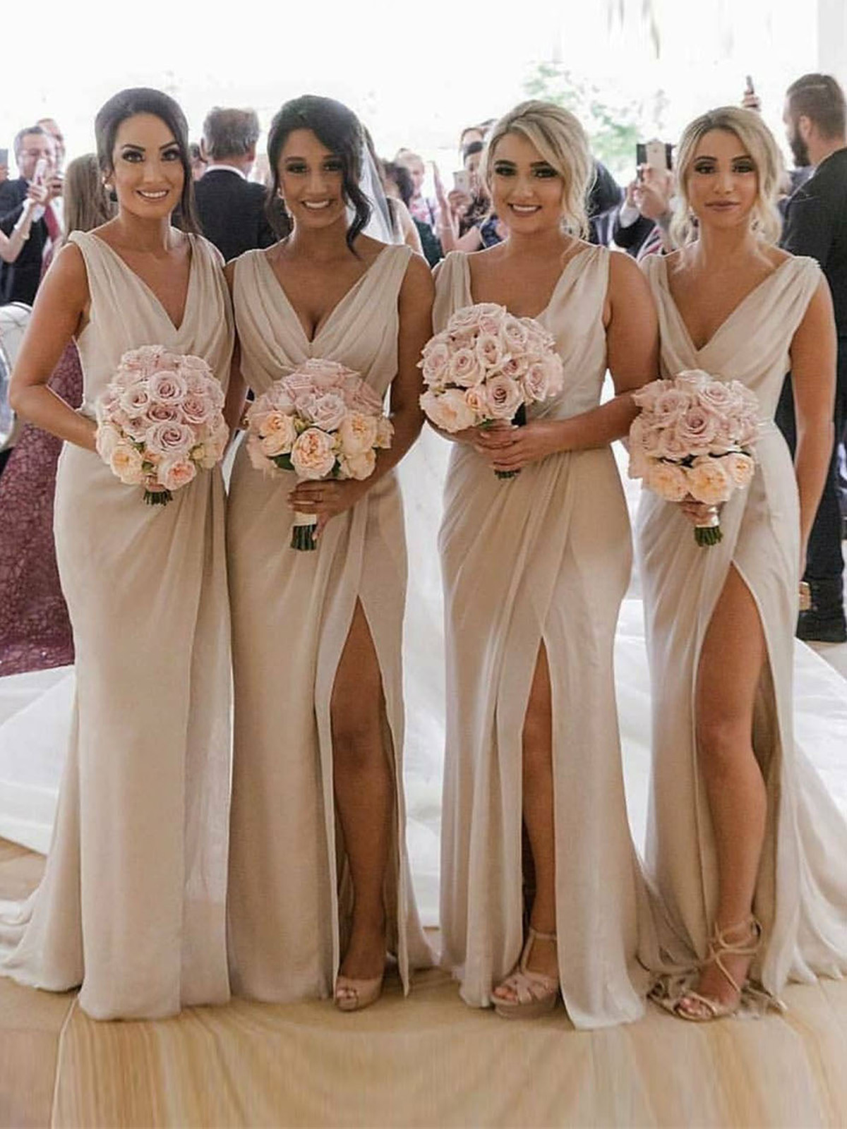 Champagne Full Length Luxe Chiffon Long Champagne bridesmaid dresses Edinburgh with Sexy High Slit and Front Ruffles